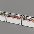 Three Horizontal Commercial Freezers Storing Fresh Vegetables And Meat Products