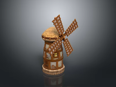 Traditional Windmill Building with Thatched Roof and Wooden Structure and Rotating Blades Design 3d model