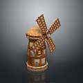 Traditional Windmill Building with Thatched Roof and Wooden Structure and Rotating Blades Design