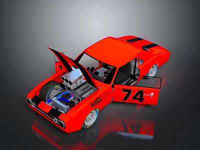 Red Racing Car With Open Hood Doors Exposed Engine Number 74 And MCS Logo 3d model