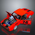 Red Racing Car With Open Hood Doors Exposed Engine Number 74 And MCS Logo