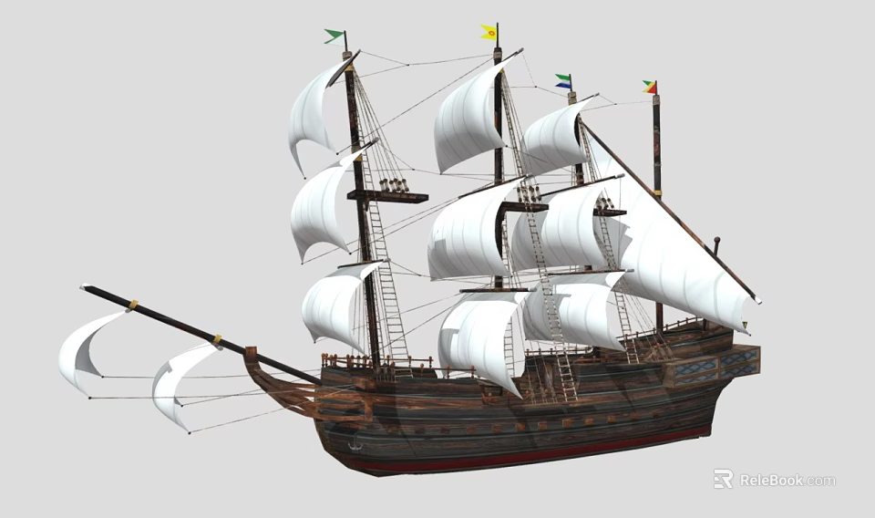 Vintage Sailing Ship With White Sails Multiple Masts Wooden Hull And Colorful Flags 3d model 
