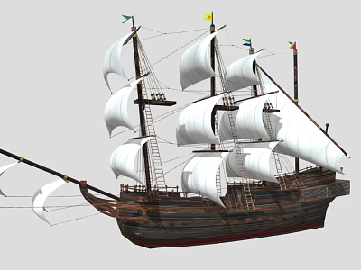 Vintage Sailing Ship With White Sails Multiple Masts Wooden Hull And Colorful Flags 3d model