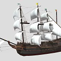 Vintage Sailing Ship With White Sails Multiple Masts Wooden Hull And Colorful Flags