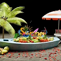 Summer Themed Fruit Boat Display With Palm Tree Umbrella And Lounge Chairs
