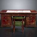 Vintage Wooden Desk With Marble Top And Drawers Paired With Green Upholstered Chair