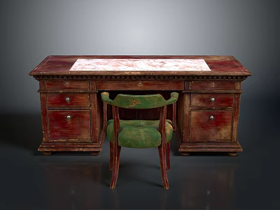 Vintage Wooden Desk With Marble Top And Drawers Paired With Green Upholstered Chair 3d model