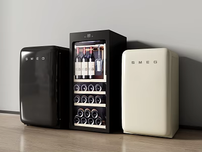 Stylish Smeg Black And Cream Refrigerators With Wine Cooler In Modern Interior 3d model