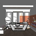Public Office Space Featuring White Orange Walls Fashion Desk Shoe Display Shelves Floor Lamp Carpet