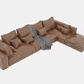 Comfortable Brown Leather Double Sofa With Plush Pillows And Gray Throw Blanket 3d model