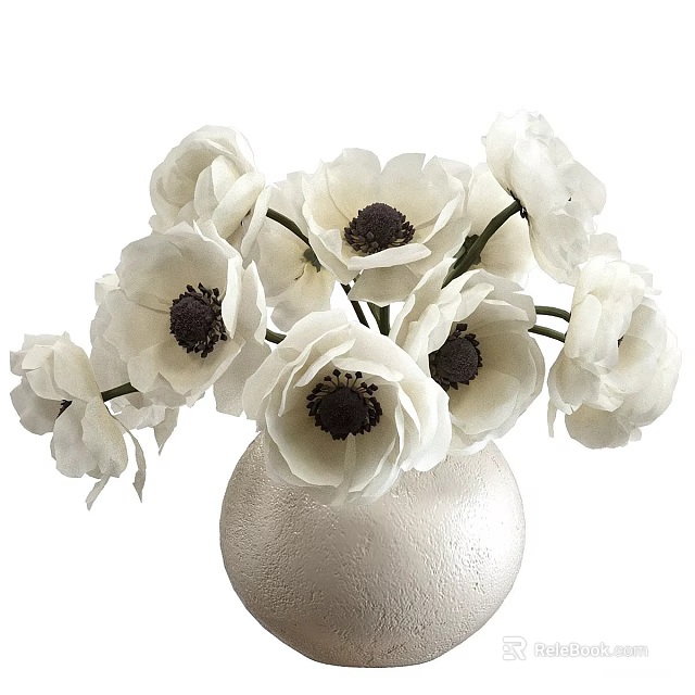 White Anemone Flowers With Dark Centers In Textured Light Colored Vase 3d model 