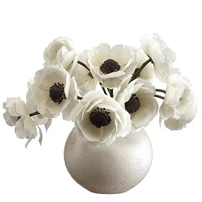White Anemone Flowers With Dark Centers In Textured Light Colored Vase 3d model