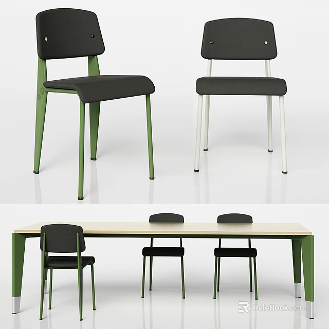 Modern Dining Table Set with Light Colored Table Black Seats Green White Legs Chairs 3d model