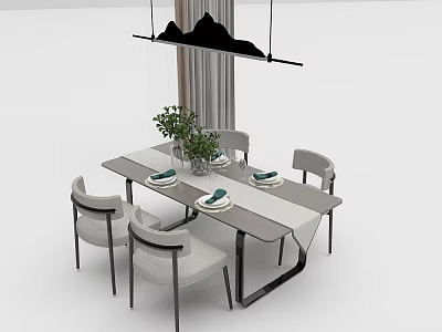 Modern Rectangular Dining Table Set with Four Chairs Green Plant and Mountain Shaped Ceiling Light 3d model