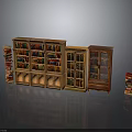 Vintage Wooden Bookcase And Glass Door Cabinet With Stacked Books