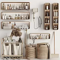 Modern Bathroom Decorative Ornament Set With Wall Shelves Wicker Baskets And Toiletries