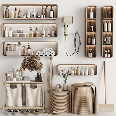 Modern Bathroom Decorative Ornament Set With Wall Shelves Wicker Baskets And Toiletries 3d model