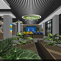 Modern Spacious Hall Interior With White Counters Black Slatted Ceiling And Circular Green Lights 3d model