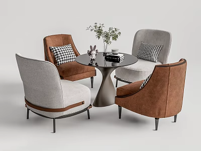 Modern Round Table and Chair Set with Brown Gray Cushioned Seats and Decorative Tabletop Items 3d model