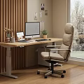 Modern Home Office With Wooden Desk Computer Chair And Large Window View