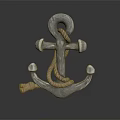 Silver Metal Anchor With Coiled Rope On Black Background And Reflection 3d model