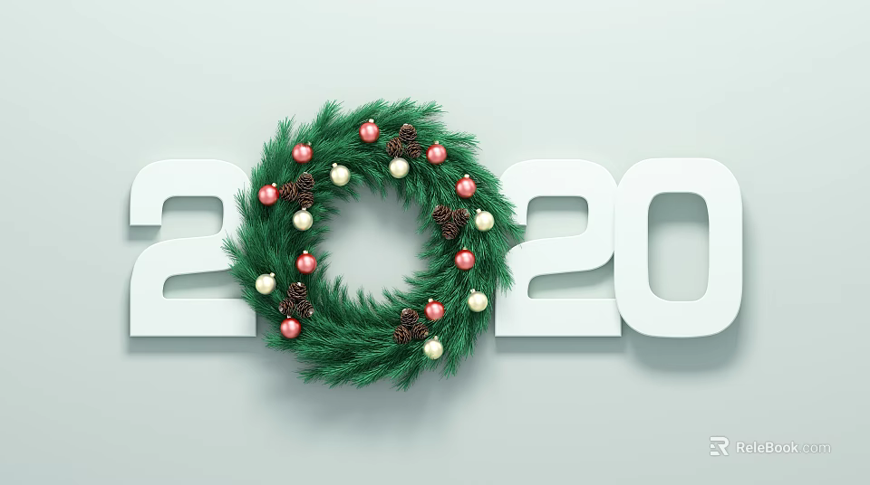 Decorative Ornament Set Featuring 2020 White Numbers Green Christmas Wreath Red White Balls Pine Cones 3d model 