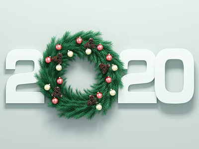 Decorative Ornament Set Featuring 2020 White Numbers Green Christmas Wreath Red White Balls Pine Cones 3d model