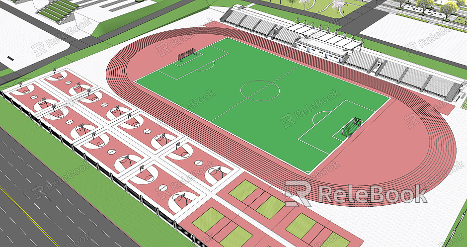 Modern football field, school playground, sports field, stadium, grandstand, basketball court model