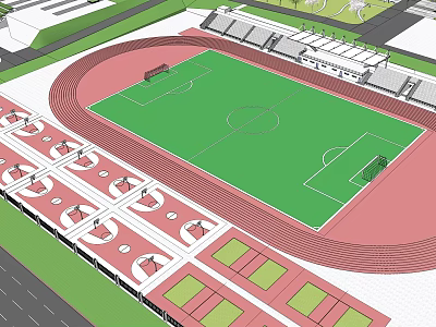 Football Field Design With Green Turf Red Athletic Track And Stadium Stands 3d model