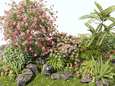 Vibrant Garden Plant Combination with Pink Flowers Ferns Greenery and Decorative Stones 3d model