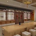 School Meeting Room With Wooden Long Tables Stool Seats Large Projection Screen And Chandeliers