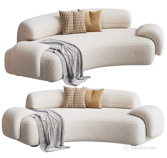 Cozy Beige Curved Bouclé Sectional Sofa With Checkered Tan Pillows And Soft Throw Blanket 3d model 