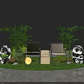 Commercial Street Decorative Display With Panda Dolls Bamboo Plants Chairs Wooden Crate And Grass Lawn