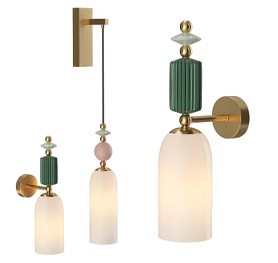 Modern Decorative Wall Lamp Design With Green Column Gold Bracket And White Glass Shade 3d model