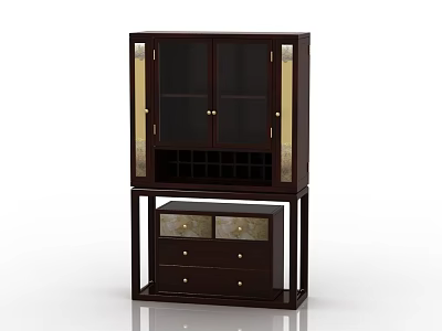 Dark Wood Decorative Cabinet With Glass Doors Drawers And Wine Storage 3d model