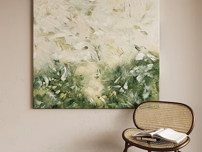 Green And White Abstract Wall Painting With Wicker Chair And Open Book 3d model