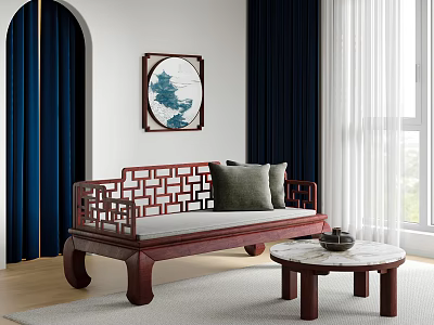 Traditional Chinese Wooden Sofa with Lattice Design and Round Marble Coffee Table Set with Cushion in Living Room with Blue Curtains 3d model