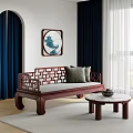 Traditional Chinese Wooden Sofa with Lattice Design and Round Marble Coffee Table Set with Cushion in Living Room with Blue Curtains