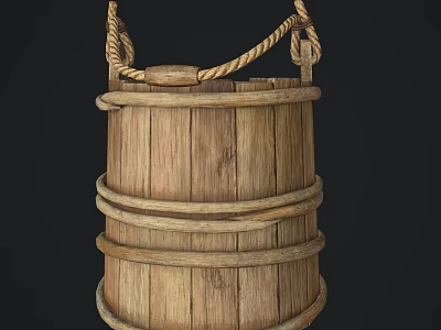 Traditional Wooden Washing Bucket with Rope Handle for Daily Household Use 3d model