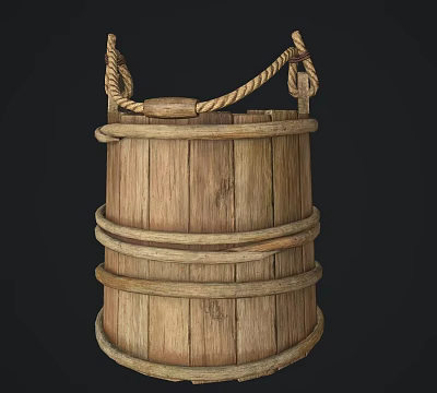 Traditional Wooden Washing Bucket with Rope Handle for Daily Household Use 3d model