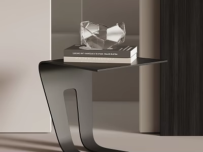 Modern Black Side Table With Curved Frame Stacked Books And Clear Glass Decor 3d model