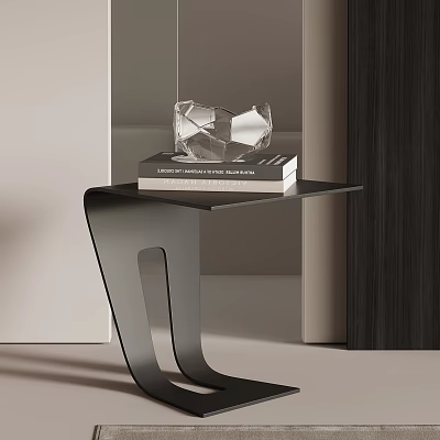Modern Black Side Table With Curved Frame Stacked Books And Clear Glass Decor 3d model