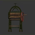 Vintage Manual Roller Machine With Green Metal Frame Red Wheel And Wooden Roller