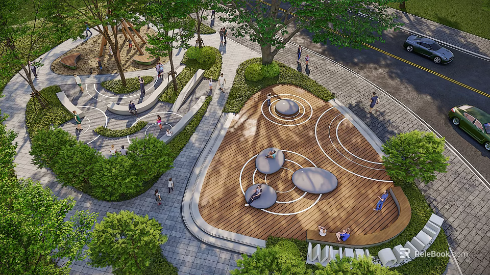 Scenic Park Landscape With Circular Wooden Deck Greenery Seating And People Relaxing 3d model 