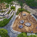 Scenic Park Landscape With Circular Wooden Deck Greenery Seating And People Relaxing