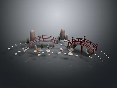 Traditional Japanese Garden Architecture With Arch Bridge Stone Lanterns Stones And Green Plants 3d model