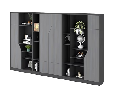 Modern Gray Bookcase With Multiple Shelves Cabinets And Decorative Items Like Plants Globe Books 3d model