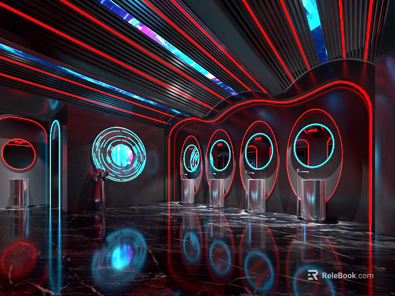 Futuristic Bar Interior With High Tech Neon Red Blue Lights 3d model