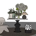 Stylish Console Table with Open Book Fresh Flowers Table Lamp Modern Chair and Zebra Print Ottoman