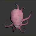 Pink Octopus With Large Green Eye Blue Spots And Long Tentacles On Dark Background